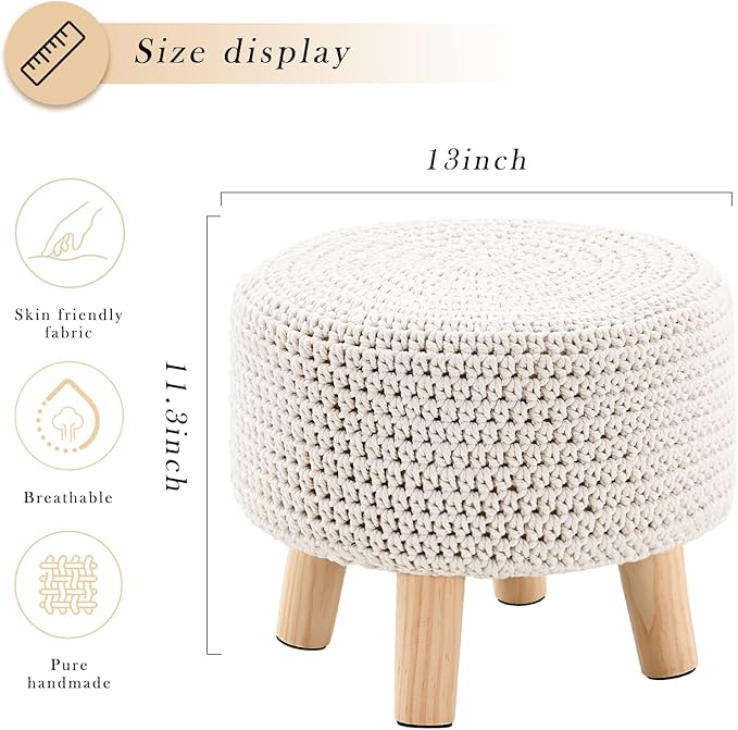 Boho Ottoman Foot Stool Cotton Knitted Round Pouf Ottoman Foot Rest Stool with Non-Skid Wooden Legs Step Stool Padded Seat for Living Room White