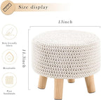 Boho Ottoman Foot Stool Cotton Knitted Round Pouf Ottoman Foot Rest Stool with Non-Skid Wooden Legs Step Stool Padded Seat for Living Room White