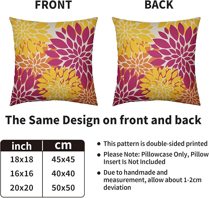 Hot Pink Yellow Orange Pillow Covers 16X16 Inch Set of 2, Spring Summer Floral Dahlia Flower Cream Decorative Throw Pillow Covers Outdoor Modern Farmhouse Cushion Case for Home Couch Sofa Bed Decor