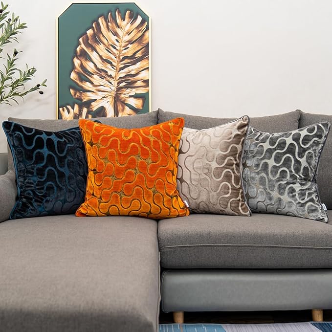 Yangest Orange Square Throw Pillow Cover Wavy Velvet Cushion Cover Modern Zippered Pillowcase for Sofa Couch Bedroom Living Room Chair, 24 x 24 Inch…