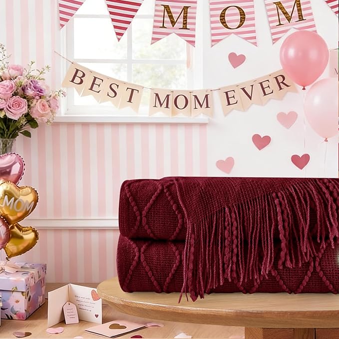 inhand Claret Knitted Throw Blanket for Couch Bed, Mothers Day/Mom Birthday Gifts for Mom from Daughter Son, Soft Lightweight with Tassels, Farmhouse Warm Decorative Blanket for Women, 50"x60"