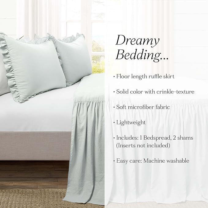 Lush Decor Ruffle Skirt Bedspread Set - 3-Piece Luxurious Farmhouse Bedding - Elegant Ruffle Detail - Timeless Style - Soft Lightweight Sheets - Queen, Sea Salt