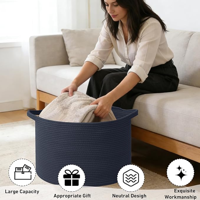 90L Large Blanket Basket,21.7"L x 21.7"W x 13.8"H Rope Woven Baskets with Handles, Toys Storage Bins,Laundry Basket Perfect for Living Room, Nursery,Bedroom,Home Organization,Dark Blue