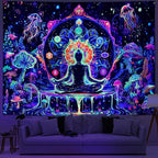 Yuiqear Blacklight Chakra Yoga Meditation Tapestry Mushroom Flower Wall Backdrop UV Reactive Mandala Tapestries Galaxy Space Jellyfish Tapestry Wall Hanging for Bedroom