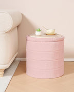 B FSOBEIIALEO Ottoman with Stroage, Round Sherpa Storage Ottoman Stool, Boucle Foot Rest 16.9"x16.9"x17.7"（Pink