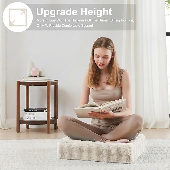 2 Pcs High Density Foam Floor Pillow - Upgraded Large Pillows Seating for Adults - Outdoor Floor Cushion with Soft Tufted Cover - Yoga Pillows for Sitting On Floor - 22 Inch Almond White