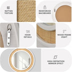 Round Rattan Mirror, 24" Circle Wall Mirror, Farmhouse Wooden Vanity Mirror with Handmade Wicker Frame, Decorative Boho Mirror for Nursery Bedroom Living Room Entryway White