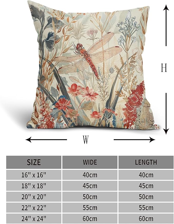 Kawani Summer Dragonfly Pillow Covers 24X24 Inch Red Floral Flower Botanical Nature Decorative Pillow Cases Set of 2 Vintage Farmhouse Throw Pillows for Cushion Sofa Couch Outdoor