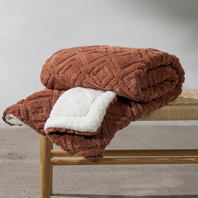 EverGrace Jacquard Boho Sherpa Fleece Throw Blanket for Couch, Super Soft Cozy Fuzzy Plush Blankets for All Seasons, Reversible Thick Warm Blanket for Bed, Sofa, Living Room, Terracotta, 60" x 80"