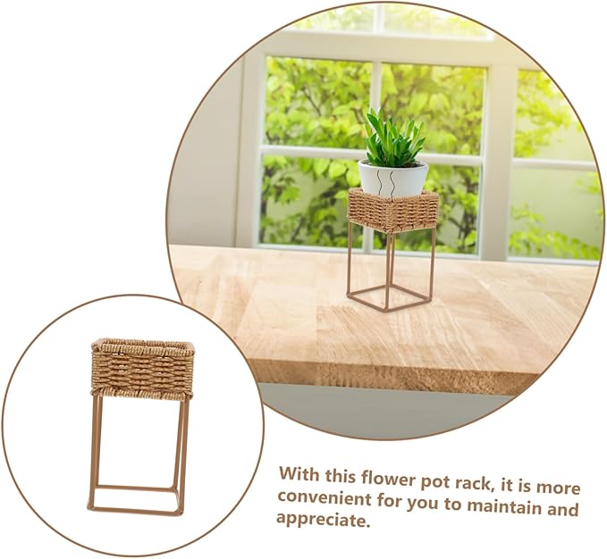 Unomor Boho Wicker Plant Stands Indoor Plant Shelf Small Decorative Tiered Tray for Bonsai Pots Cactus Decorative Pot