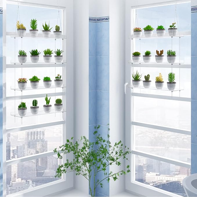 4-TierClear Plant Shelves, Height Adjustable Hanging Acrylic Indoor Wall Hanging Plant Stand Flower Display, Flower Pot Organizer Storage for Window Grow Herbs, Microgreens, Succulents, 16 Inch