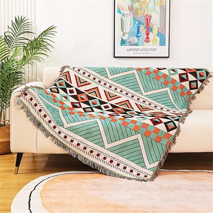 Homesy Aztec Throw Blankets Navajo Southwestern Throws Cover Reversible Green Boho Southwest Blanket for Couch Chair Sofa Bed Home Outdoor Beach Car Tent Travel Camping 51"x63"