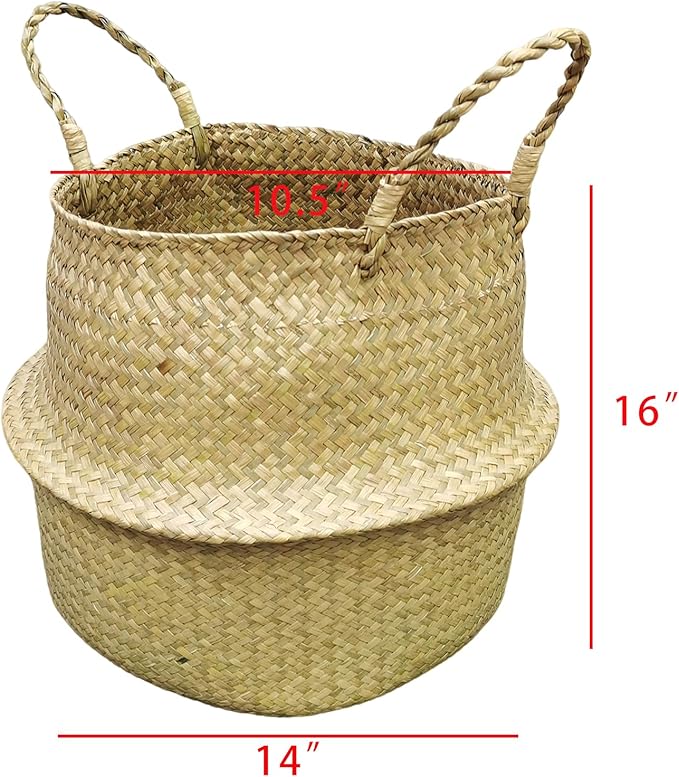 FixtureDisplays 14"X16"X10.5" Woven Seagrass Belly Plant Basket with Handles Plant Pot Handmade Home Decor Basket for Storage Plants,Laundry,Picnic,Plant Pot Cover,Beach Bag&Grocery Basket 22023-NPF