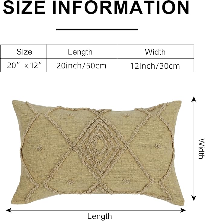 Boho Geometric Textured Lumbar Pillow Cover 12x 20, Woven Tufted Neutral Decorative Linen Pillow Cushion Case, Farmhouse Home Decor for Outdoor Couch Bedroom Car Sage Green