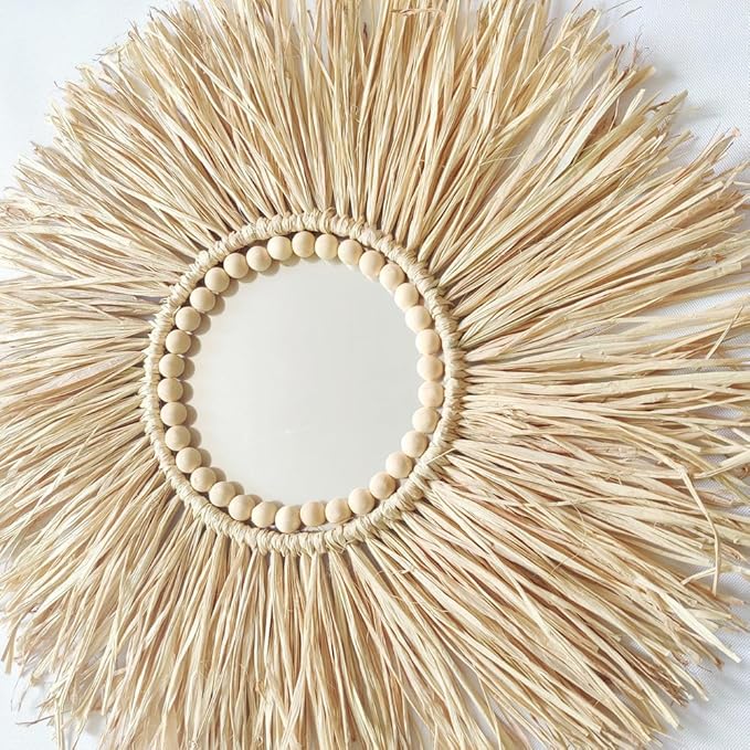 KKTAPOS Boho Round Wall Mirror - 18in Raffia Straw Macrame Mirror Decor for Living Room, Bedroom, Bathroom