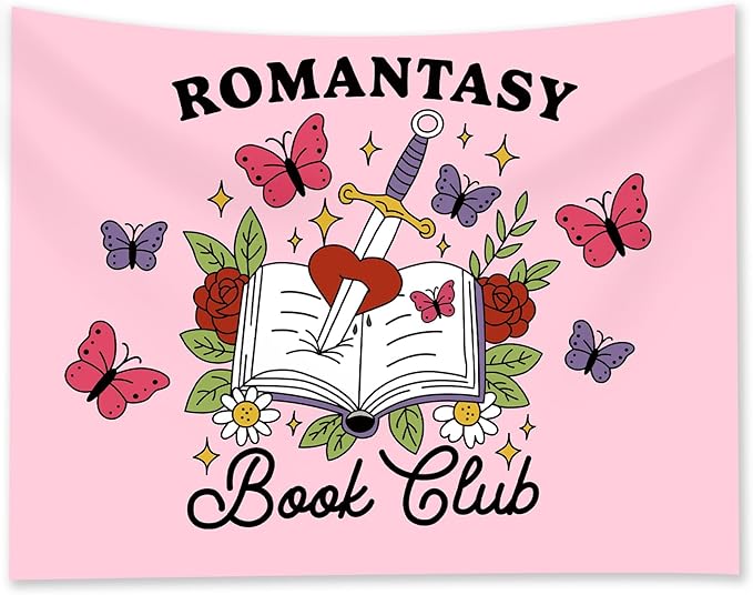 Romantasy Book Club Tapestry - Fantasy Books Library Tapestries, Pink Magical Document Tapestrys, Cute Aesthetic Fairy Tapestries Wall Hanging, Beach Throws Table Cloth Bedding Tapestry - 50 x 60 Inches