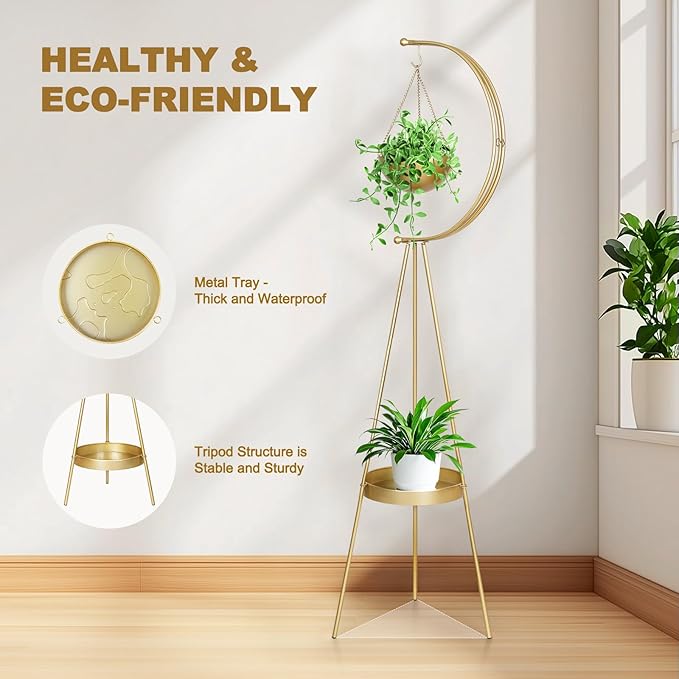 airogym Metal Plant Stand, Plant Holder for Indoor Outdoor, Multifunctional Iron Flower Pots Rack, Modern Planter Display Shelf, Hanging Planters for Garden Living Room Decor Corner Balcony (Golden)
