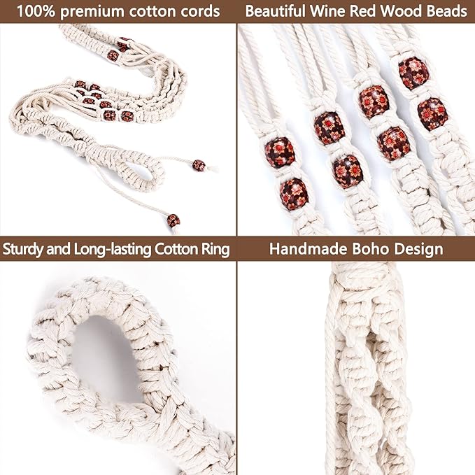 Macrame Plant Hanger with Colored Wood Beads and 4PCS Hooks, Elegant Hanging Plant Holder for Indoor Outdoor Plants, Sturdy Hanging Planters with No Tassel, 33 Inch, Ivory, Set of 2