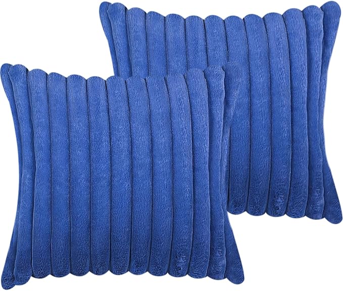 18x18 Throw Pillow Covers Set of 2, Decorative Faux Fur Covers for Bed, Couch Soft Fluffy Pillow Cover with Velvet Back for Living Room, Neutral Home Décor Accent for Sofa - Blue