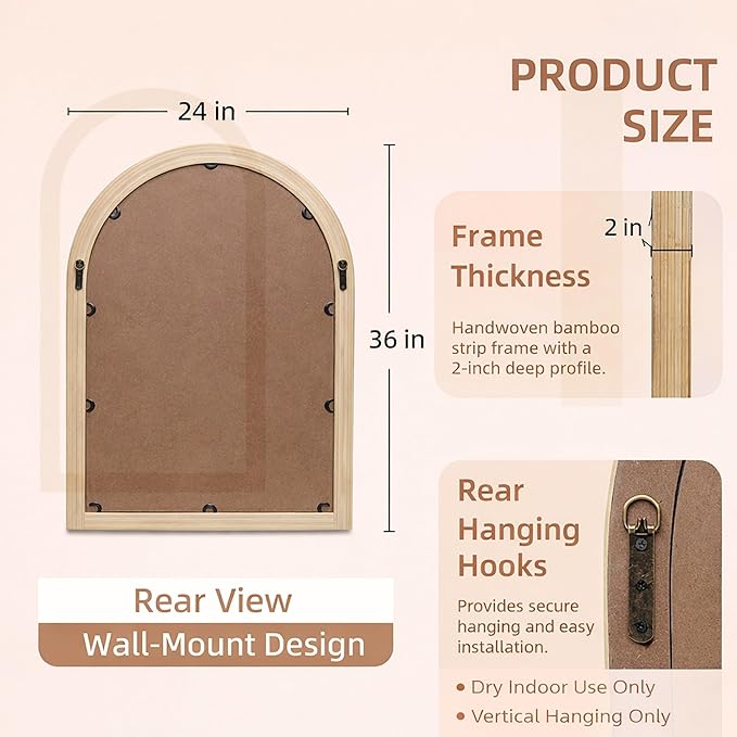 24" x 36" Arched Wall Mirror, Handwoven Natural Bamboo (Warm Tone) Strip Frame, 2-Inch Deep Textured Design, Boho Coastal Mirror for Entryway, Bedroom, Living Room, Vertical Hanging