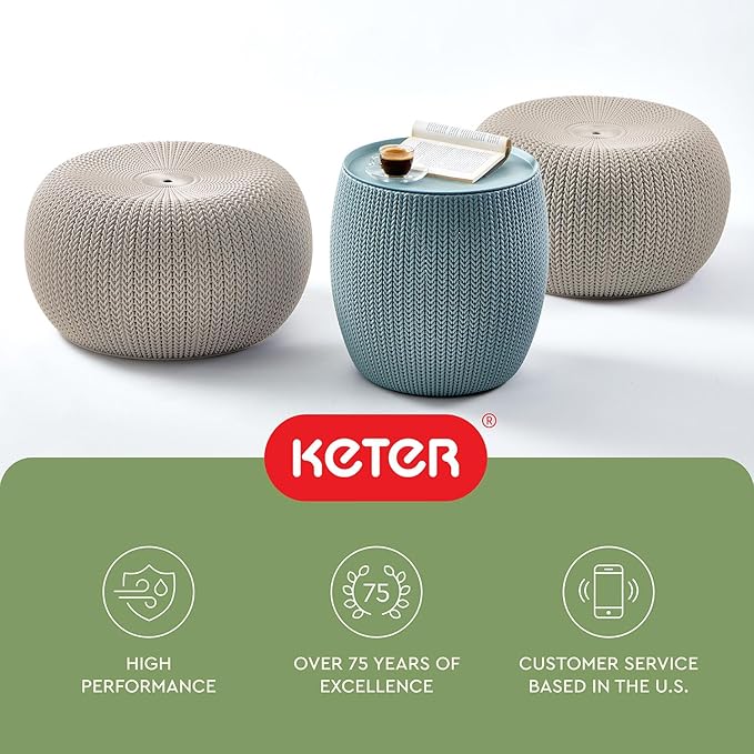Keter Urban Knit Pouf Ottoman Set of 2 with Storage Table for Patio and Room Décor - Perfect for Balcony, Deck, and Outdoor Seating, Misty Blue & Taupe