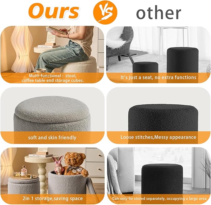 Round Ottoman with Storage Set of 2 - Upholstered Sherpa Vanity Stool for Makeup Multifunctional Ottomans Coffee Table Padded Seat Foot Rest for Living Room & Bedroom (Sherpa Gray)
