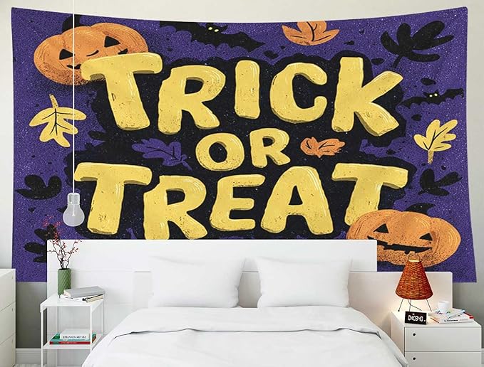 EMMTEEY Halloween Wall Tapestry Trick or Treat Ceiling Tapestry 80X60 Large Wall Art for Bedroom Living Room Fall Backdrop