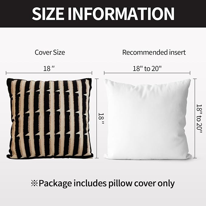 Black Cream Modern Strip Tufted Throw Pillow Covers，Neutral Textured Minimalism Chunky Pillowcases,Bohemian Mid Century Geometric Sham for Couch,1PC,18x18 Inch