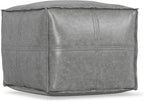 SIMPLIHOME Brody Square Pouf - 18 inch Wide Upholstered Vegan Leather Ottoman in Distressed Grey, Boho Footstool, Coffee Table or Extra Seating for Living Room or Bedroom, Assembled