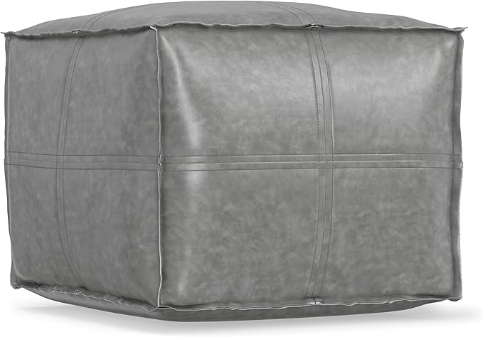 SIMPLIHOME Brody Square Pouf - 18 inch Wide Upholstered Vegan Leather Ottoman in Distressed Grey, Boho Footstool, Coffee Table or Extra Seating for Living Room or Bedroom, Assembled