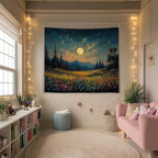 Moonlit Wildflower Forest Tapestry, Colorful Night Landscape Wall Tapestry Backdrop, Oil Painting Style Nature Scene Hanging Decor for Bedroom,Dorm, Studio and Aesthetic Home Space (Green-Moom)