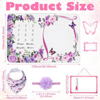Chumia 6 Pcs Baby Monthly Milestone Blanket for Girl 60" x 40" Butterfly Milestone Blanket Age Photo Photography Backdrop with Newborn Calendar Growth Chart Bib Headband(Purple,Floral Pattern)