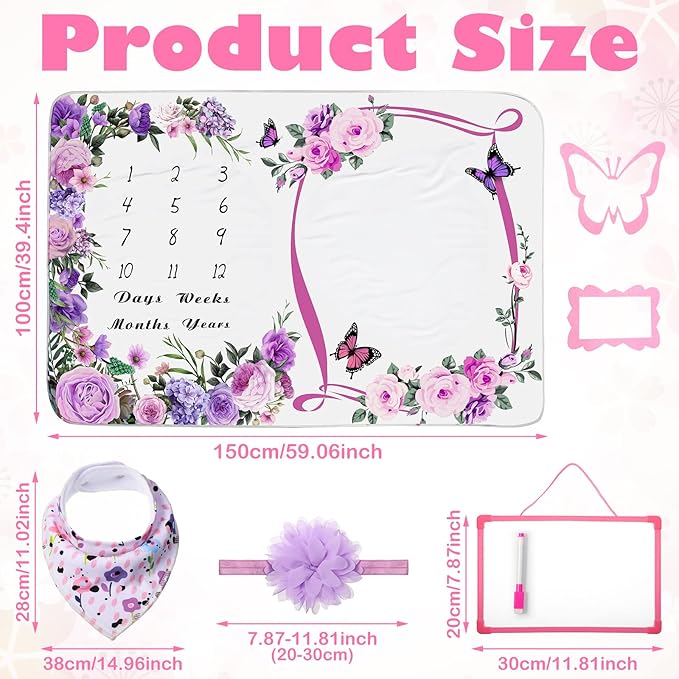 Chumia 6 Pcs Baby Monthly Milestone Blanket for Girl 60" x 40" Butterfly Milestone Blanket Age Photo Photography Backdrop with Newborn Calendar Growth Chart Bib Headband(Purple,Floral Pattern)