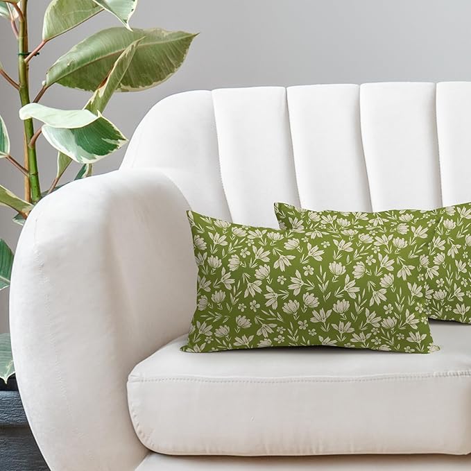 Lime Green Pillow Covers 12x20 Set of 2 Vintage Floral Rustic Old Style Cute Flower Print Rectangle Decorative Outdoor Pillowcases Seasonal Farmhouse Throw Cushion Case Couch Sofa Bed Decor