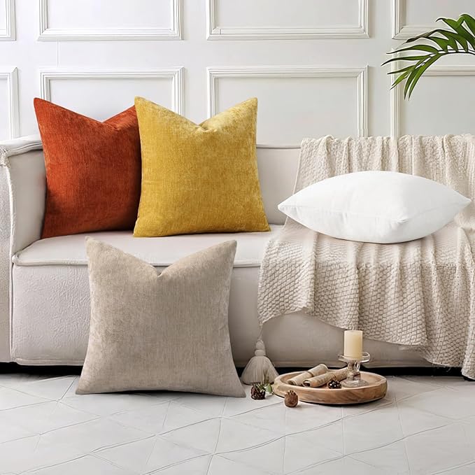 decorUhome Chenille Cream White Spring Euro Sham Throw Pillow Covers 26x26 Inch Set of 2, Decorative Soft Couch Pillow Covers Solid Dyed Accent Farmhouse Neutral Square Pillow Cases for Sofa