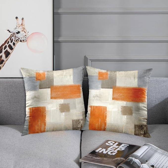 Emvency Set of 2 Orange Beige and Grey Throw Pillow Covers Modern Abstract Painting Decorative Pillow Cases Home Decor Standard Square 18x18 Inches Pillowcases