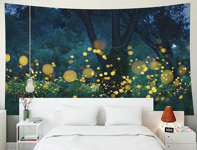 EMMTEEY Forest Tapestry - Dark Lampyridae Night Trees Lightning Fireflies Nature Fantasy 60X40 - Present for Families