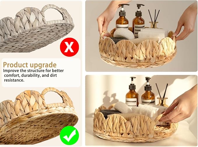 outdoor rattan plant stand round trays planter caddy with wheels, indoor wooden flower pots table decor wicker basket (Water Hyacinth)