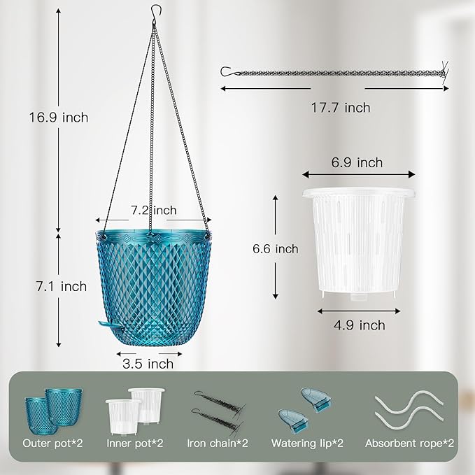 QCQHDU Self Watering Hanging Pots, 2 Pack 7.2 Inch Hanging Planters for Indoor Plants, Plant Hanger with Drainage Holes and 3 Hooks Chains for Garden Home (Klein Blue)