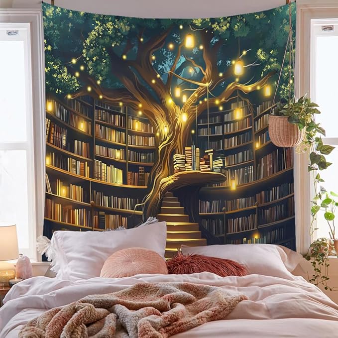 Jhdstore Tree of life Tapestry Wall Hanging Fantasy Library Tapestry for Bedroom Mysterious Tree Bookshelf Tapestries Room Decor 36"x48"
