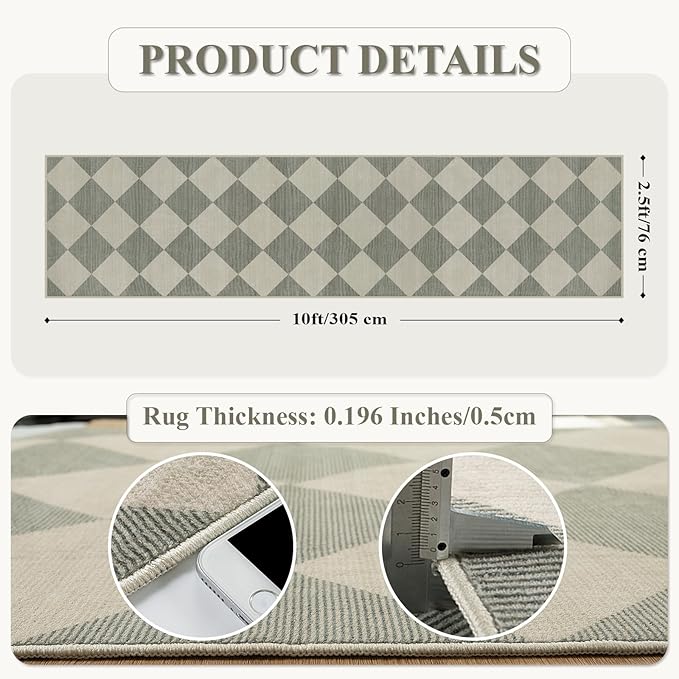 Beeiva Checkered Print Rug Runners for Hallways 2.5x10, Green Kitchen Runner Rugs Non Skid Washable Ultra Thin Faux Wool Long Carpet for Hallway, Checkerboard Neutral Floor Carpet for Kitchen Decor