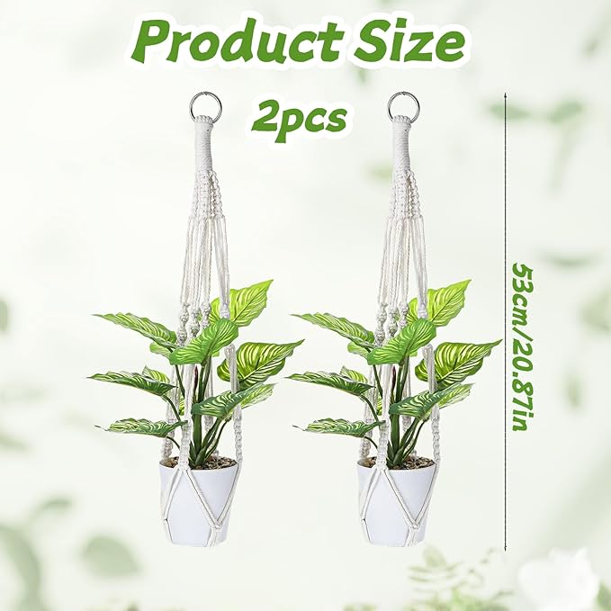 Macrame Plant Hanger, 2 Pcs Boho Hanging Planters for Indoor Outdoor, Decorative Braided Cotton Rope Flower Pot Hanging Plant Holder with Metal Rings