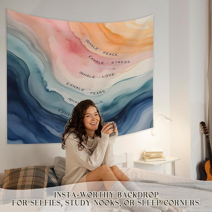 STHTTSW Mental Health Classroom Tapestry, Inhale Exhale Tapestries Wall Blanket, Motivational Wall Hanging Decor for Home Classroom School Counselor Therapy Office, 50x60 Inch