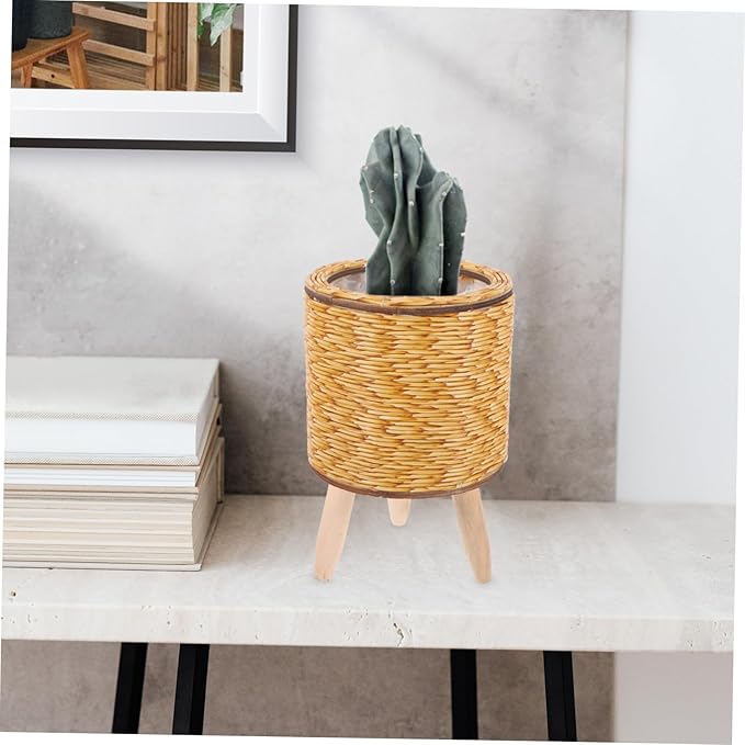 Large Wicker Basket Plant Stand Indoor Wooden Round Woven Planter Rattan Flower Pot Holder Flower Pot Shelf for Home Decor