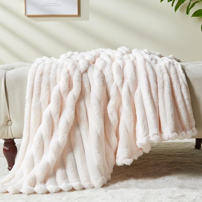 NEWCOSPLAY Super Soft Twin Blanket Ivory Premium Silky Flannel Fleece 3D Ribbed Jacquard Lightweight Bed Blanket All Season Use (Ivory Ribbed, Twin(60"x80"))