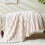 NEWCOSPLAY Super Soft Twin Blanket Ivory Premium Silky Flannel Fleece 3D Ribbed Jacquard Lightweight Bed Blanket All Season Use (Ivory Ribbed, Twin(60"x80"))