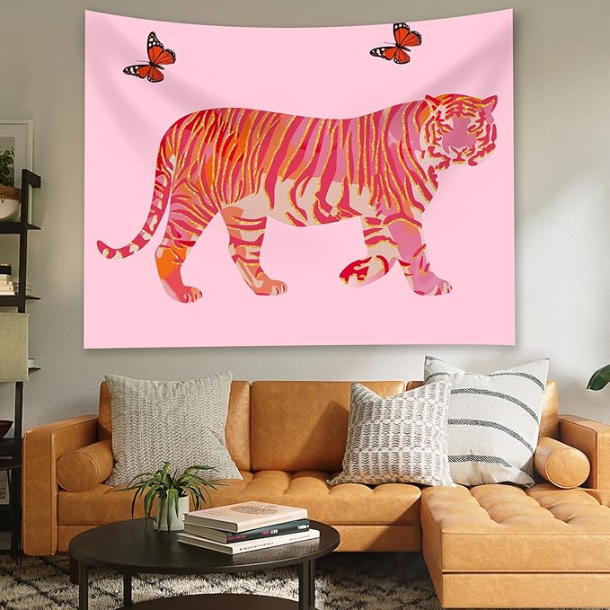 Tiger Aesthetic Tapestry - Pink Butterfly Tapestries, Boho Wall Tapestries, Picnic Sheet Wall Decor Blanket for Girl Bedroomfor Bedroom, Living Room, Dorm - 50 x 60 Inch