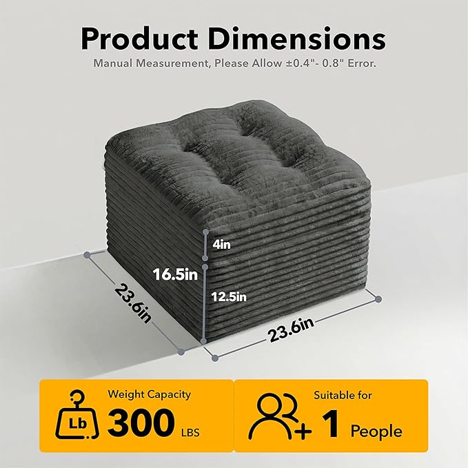 23.6in Pouf Ottoman, Corduroy Ottoman Foot Rest with Dual‑Layer Support, Large Poofy Pouf with Soft Chunk‑Foam Top & Firm Foam Base, Floor Foot Stool for Living Room, Dark Grey