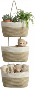 3-Tier Cotton Rope Wall Hanging Storage Baskets, Woven Over The Door Hanging Organizer for Bathroom Bedroom Living Room Nursery, Boho Hanging Shelves for Towels Toys Cosmetics (Beige & White)
