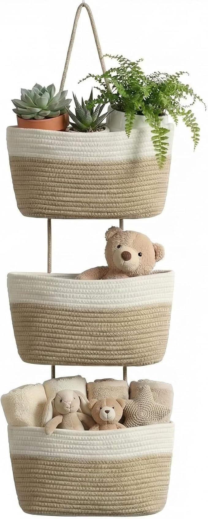 3-Tier Cotton Rope Wall Hanging Storage Baskets, Woven Over The Door Hanging Organizer for Bathroom Bedroom Living Room Nursery, Boho Hanging Shelves for Towels Toys Cosmetics (Beige & White)